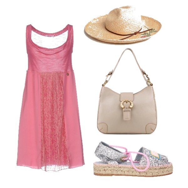 Outfit donna - Basic #16555. Stile Basic per Mare. Abbinamento con vestito con drappeggio e pizzo lavorato a maglia scollatura senza maniche interno foderato tinta unita, cappello con stampa in paglia rosa, shopping bag beige.