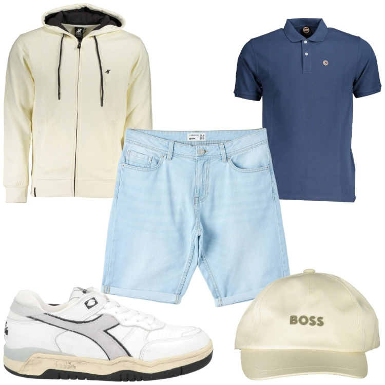 Outfit uomo - Total look #1842183. Stile Trendy per Tutti i giorni. Abbinamento con sneakers, bermuda, polo, felpe con cappuccio, cappelli con visiera.