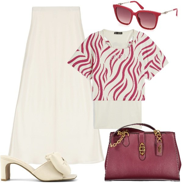 Outfit donna - il primo sole di primavera. Stile Casual chic per Tutti i giorni. Abbinamento con gonne longuette, canottiere, sandali col tacco, borse a spalla, occhiali da sole.