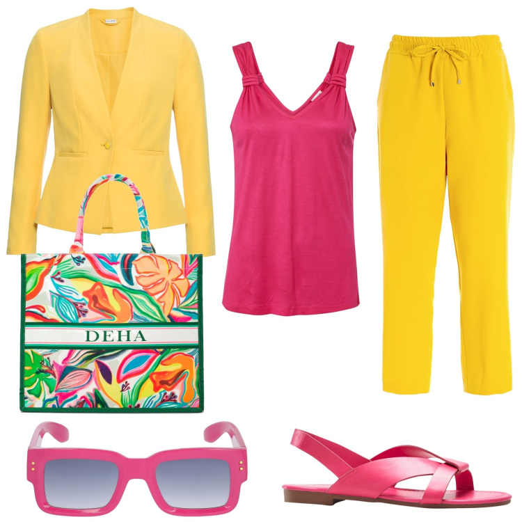 Outfit donna - Colori vitaminici. Stile Trendy per Serata fuori. Abbinamento con blazer, sandali, top, pantaloni, occhiali da sole, shopping bag.