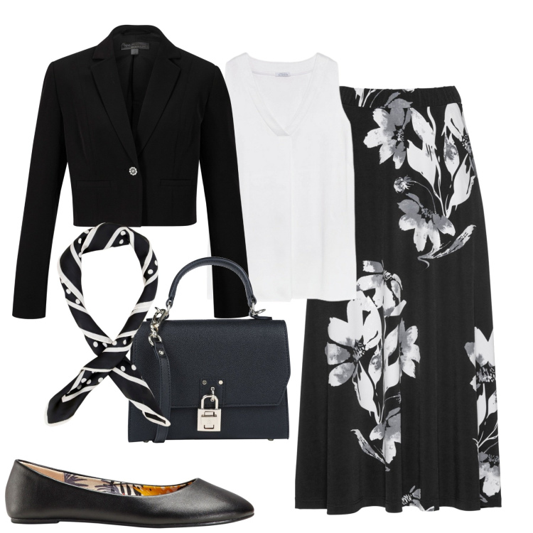 Outfit donna - City. Stile Urban per Tutti i giorni. Abbinamento con ballerine, gonne, blazer, borse a mano, foulard, top.