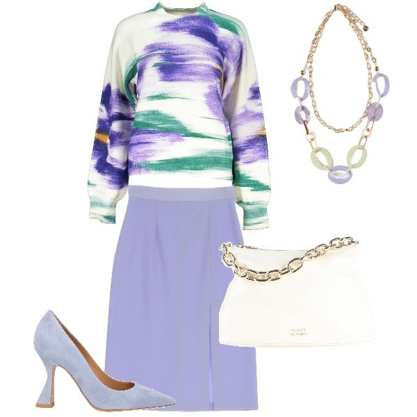 Outfit donna - curvy in ufficio a primavera. Stile Casual chic per Ufficio. Abbinamento con décolleté, borse a mano, gonne longuette, maglieria, ciondoli.