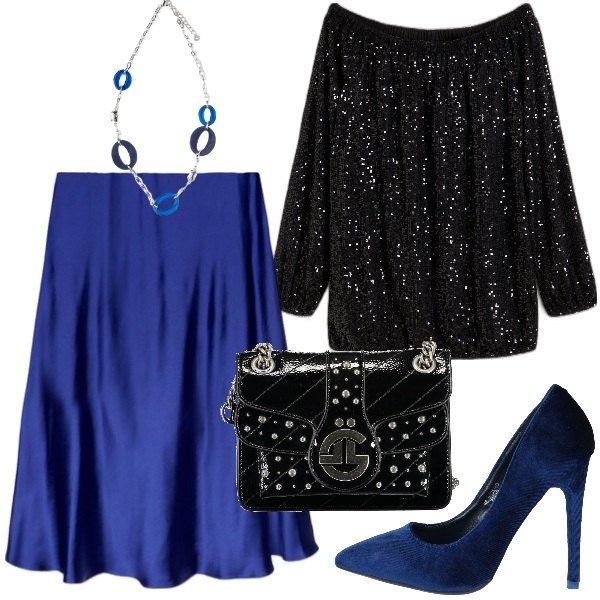 Outfit donna - curvy venerdì sera con le amiche. Stile Glamour per Serata fuori. Abbinamento con maglieria, décolleté, gonne lunghe, borse a tracolla, ciondoli.
