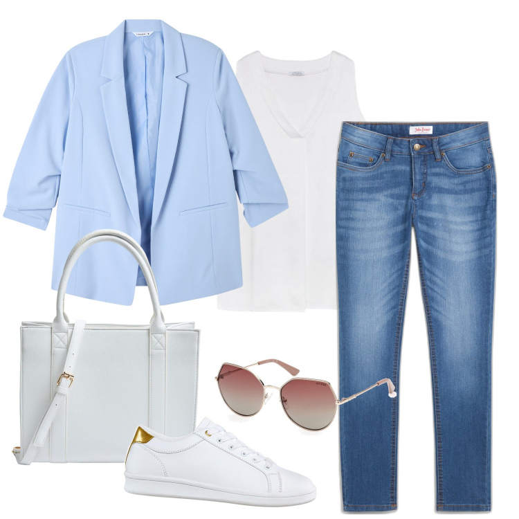 Outfit donna - Basic#4. Stile Casual per Tutti i giorni. Abbinamento con jeans skinny, sneakers, blazer, shopping bag, top, occhiali da sole.