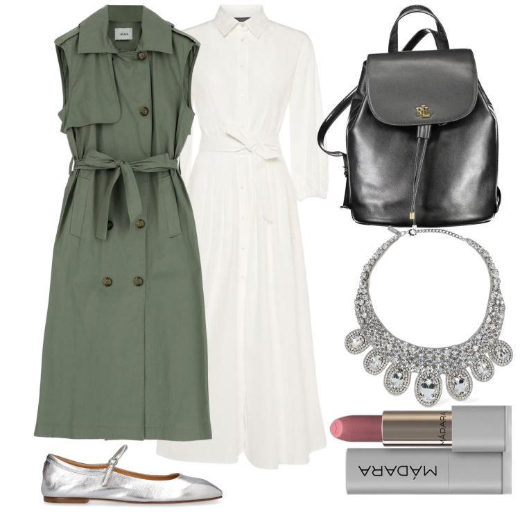 Outfit donna - Verde salvia e argento. Stile Chic per Cerimonia. Abbinamento con rossetti, trench, vestiti midi/longuette, collane, zaini, ballerine.