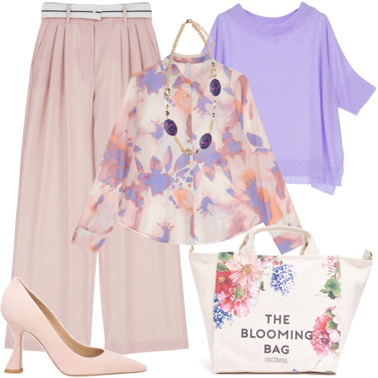 Outfit donna - I\'m blooming like a flowers. Stile Casual chic per Tutti i giorni. Abbinamento con décolleté, pantaloni a palazzo, camicie, maglieria, borse tote, ciondoli.