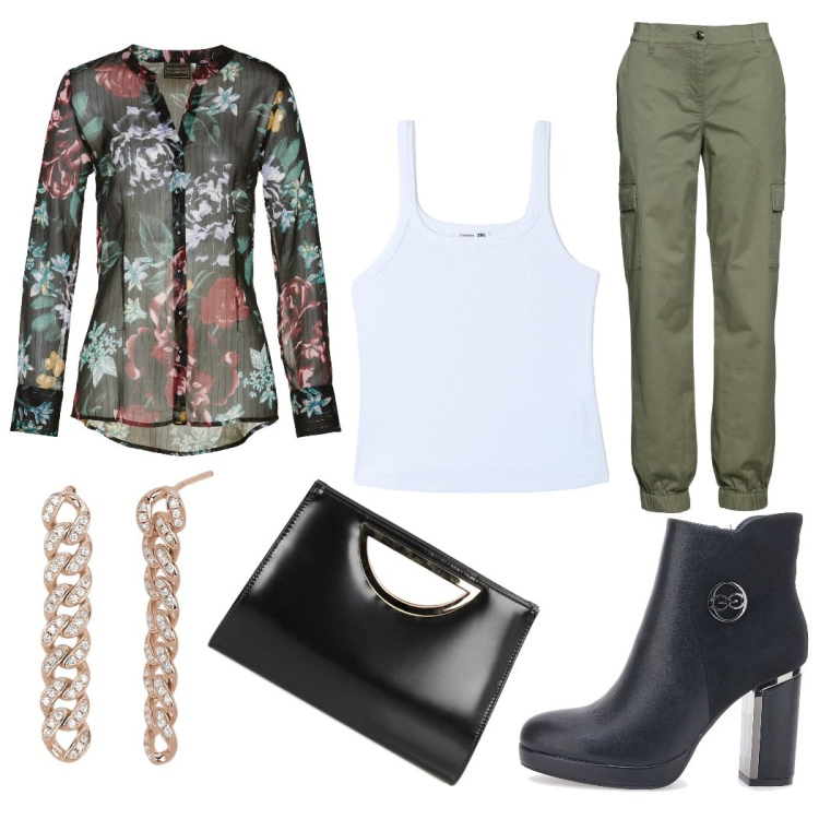 Outfit donna - Fiori. Stile Casual chic per Ufficio. Abbinamento con pantaloni cargo, camicie, top, orecchini, pochette, stivaletti.