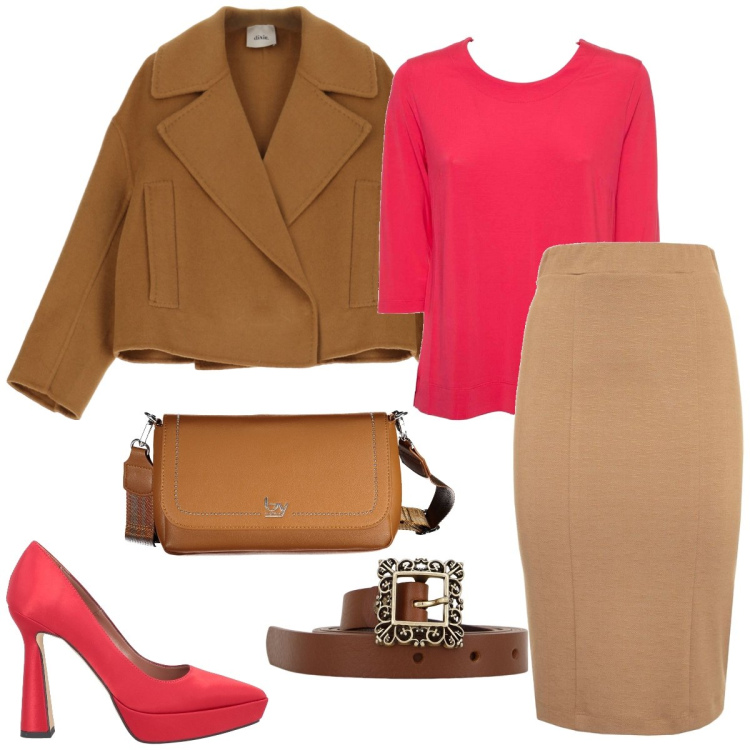 Outfit donna - Un po’ di rosso. Stile Chic per Tutti i giorni. Abbinamento con décolleté, cinture, cappotti, gonne lunghe, bluse, borse a spalla.