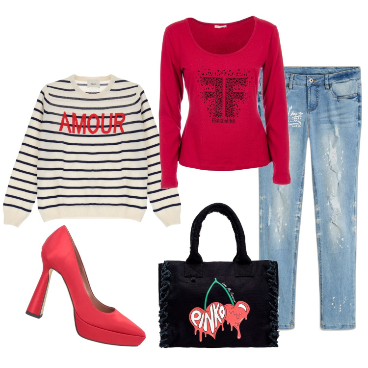 Outfit donna - Ritorno anni 90. Stile Trendy per Tutti i giorni. Abbinamento con jeans strappati, décolleté, t-shirt, pullovers, shopping bag.