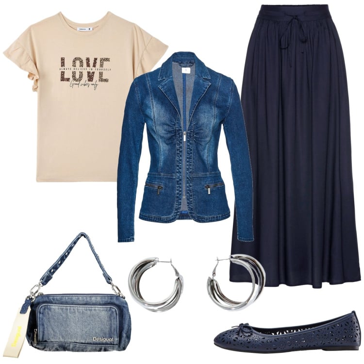 Outfit donna - Ballerine per la primavera. Stile Basic per Tutti i giorni. Abbinamento con gonne lunghe, blazer, ballerine, t-shirt, orecchini, borse a spalla.