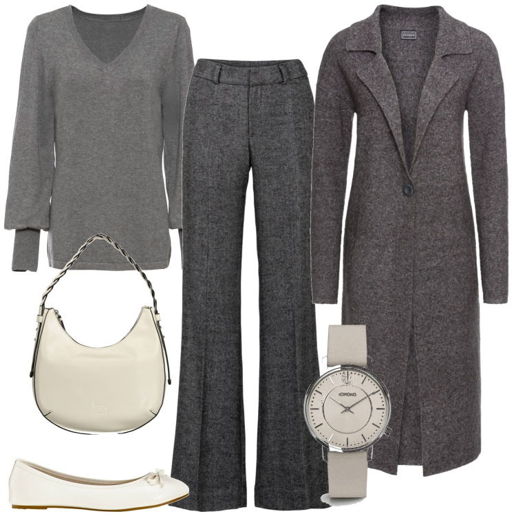 Outfit donna - Total look #1842275. Stile Bon Ton per Tutti i giorni. Abbinamento con pantaloni a palazzo, ballerine, maglieria, cappotti, orologi, borse a spalla.