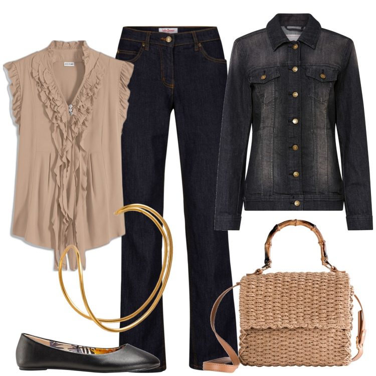 Outfit donna - Total look #1842281. Stile Casual chic per Tutti i giorni. Abbinamento con jeans dritti, ballerine, maglieria, blazer, borse a mano, braccialetti.