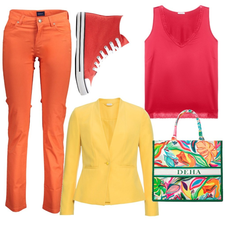Outfit donna - Giulietta: colore, colore, colore. Stile Urban per Tutti i giorni. Abbinamento con blazer, sneakers alte, pantaloni, shopping bag, top.