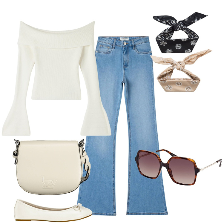 Outfit donna - Total look #1842288. Stile Vintage retrò per Tutti i giorni. Abbinamento con ballerine, jeans a zampa, maglieria, fasce per capelli, occhiali da sole, borse a spalla.