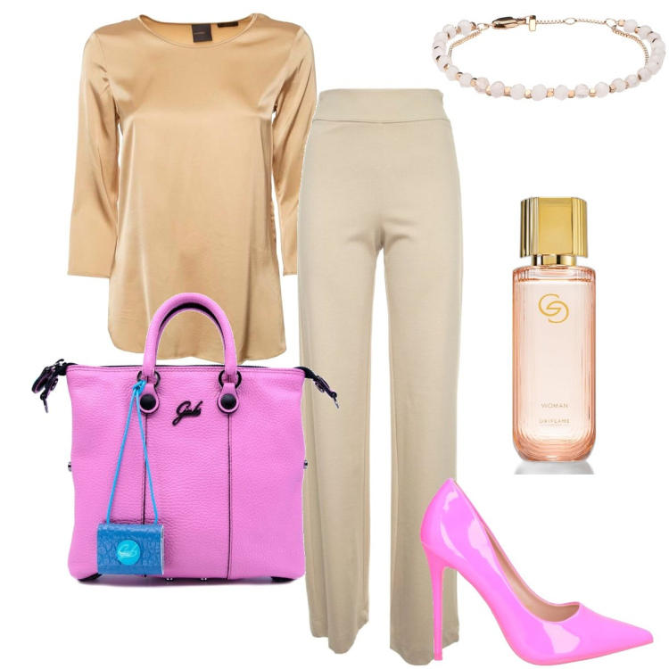 Outfit donna - Osare con i colori. Stile Romantica per Serata fuori. Abbinamento con décolleté, braccialetti, profumi, pantaloni, bluse, shopping bag.
