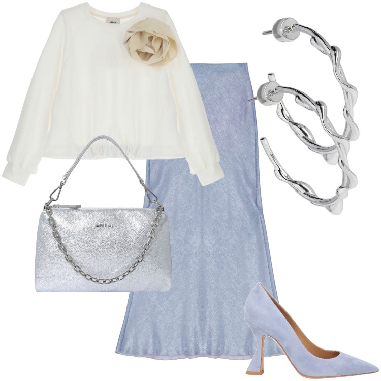 Outfit donna - La blusa con la rosa. Stile Bon Ton per Cerimonia. Abbinamento con décolleté, pochette, felpe, gonne lunghe, orecchini.