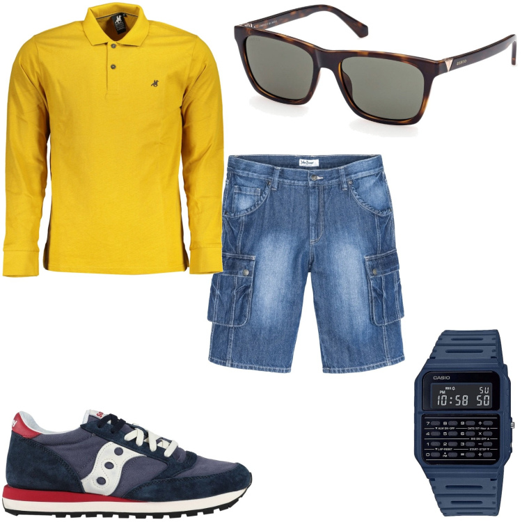 Outfit uomo - Pomeriggio estivo. Stile Casual per Tutti i giorni. Abbinamento con bermuda, sneakers, orologi, polo, occhiali da sole.