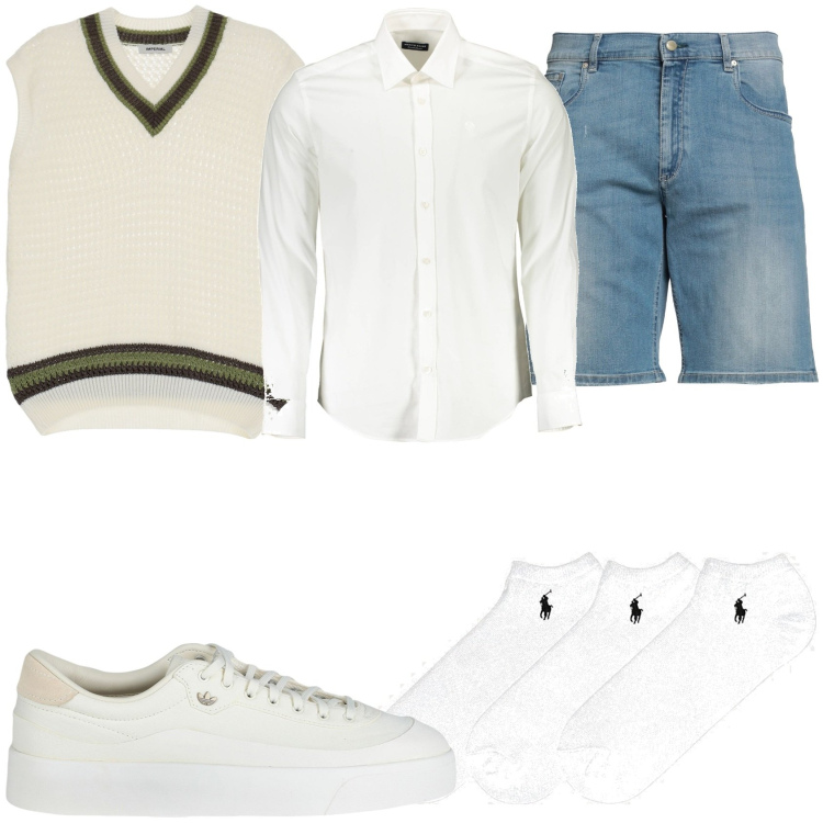 Outfit uomo - Il pomeriggio di libera uscita. Stile Casual per Tutti i giorni. Abbinamento con sneakers, shorts, pullovers, calzini, camicie.