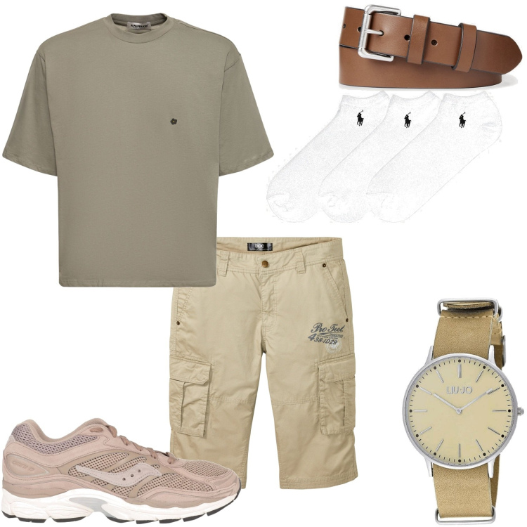 Outfit uomo - La sera in giro con amici. Stile Casual per Tutti i giorni. Abbinamento con bermuda, orologi, sneakers, calzini, cinture, t-shirt.