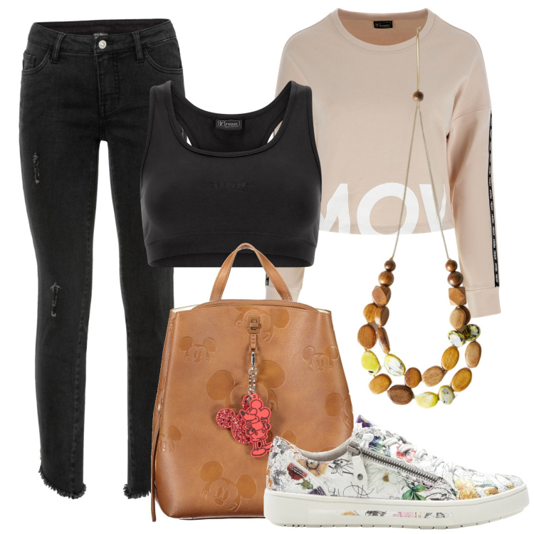 Outfit donna - Sportivo Cool. Stile Sporty chic per Tutti i giorni. Abbinamento con jeans skinny, sneakers, felpe sportive, top, zaini, collane.