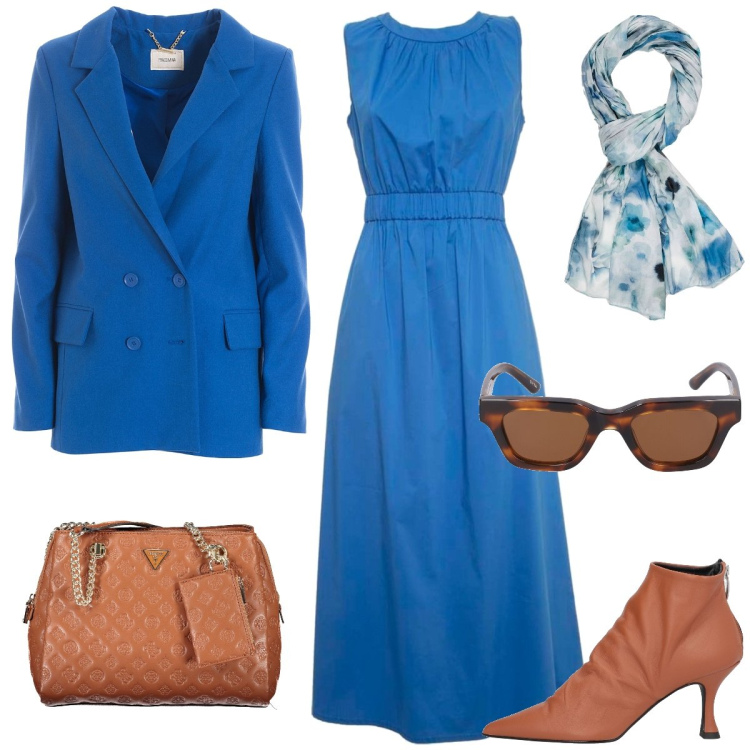 Outfit donna - Dinamica. Stile Casual chic per Ufficio. Abbinamento con stivaletti, blazer, vestiti lunghi, borse a spalla, sciarpe, occhiali da sole.