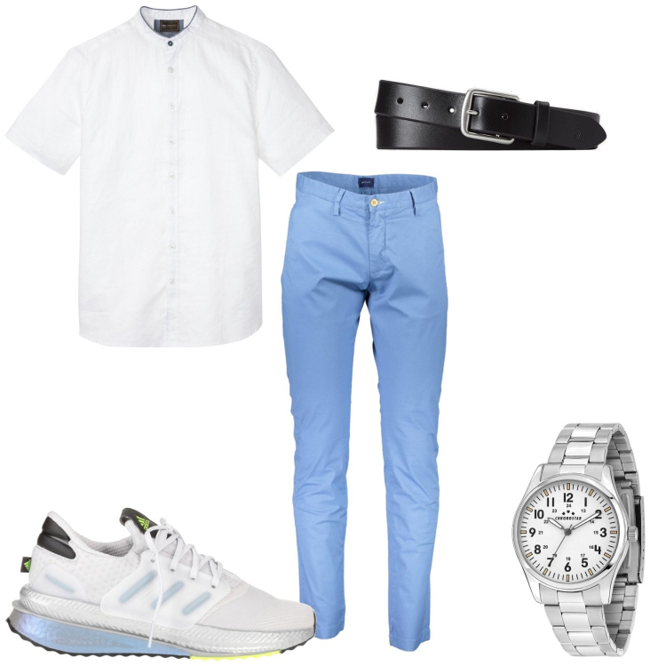 Outfit uomo - Pantalone e camicia maniche corte. Stile Urban per Tutti i giorni. Abbinamento con camicie a manica corta, sneakers, orologi, cinture, pantaloni.