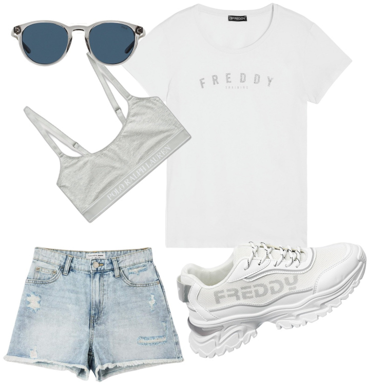 Outfit donna - Momento relax. Stile Casual chic per Tutti i giorni. Abbinamento con shorts, t-shirt, sneakers, occhiali da sole, canottiere.