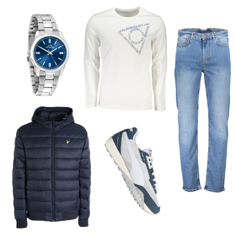 Outfit uomo - Con gli amici. Stile Casual per Tutti i giorni. Abbinamento con piumini, orologi, sneakers, jeans, t-shirt.