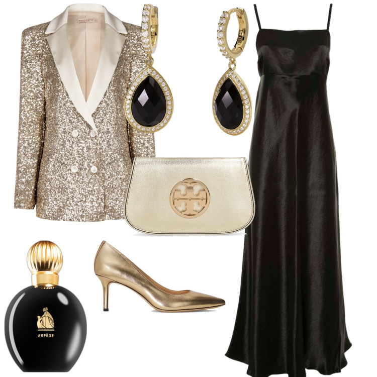 Outfit donna - Serata speciale evento glamour. Stile Glamour per Serata fuori. Abbinamento con profumi, orecchini, blazer, décolleté, vestiti lunghi, pochette.