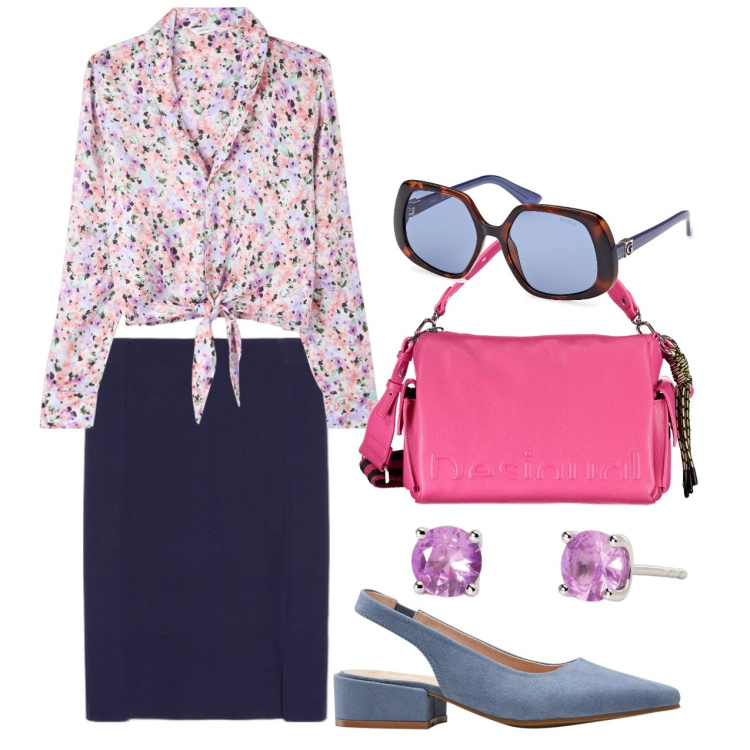 Outfit donna - Lady primavera. Stile Bon Ton per Tutti i giorni. Abbinamento con décolleté, camicie, orecchini, borse a spalla, gonne, occhiali da sole.