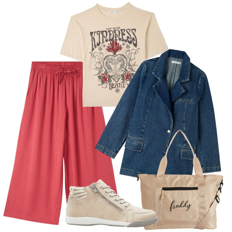 Outfit donna - Basic. Stile Basic per Scuola/Università. Abbinamento con sneakers alte, blazer, pantaloni a palazzo, t-shirt, borse tote.
