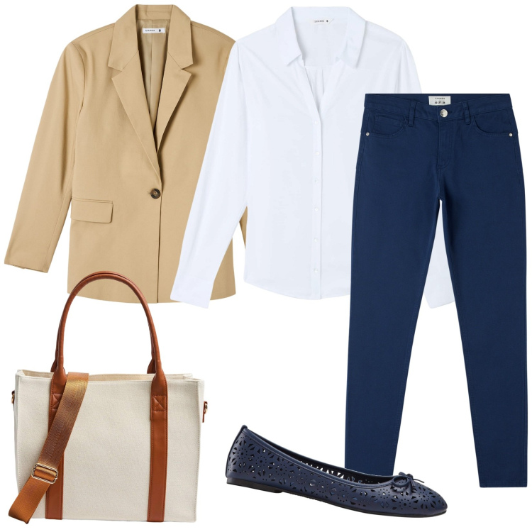 Outfit donna - In ufficio con Terranova. Stile Bon Ton per Ufficio. Abbinamento con ballerine, blazer, pantaloni, camicie, shopping bag.