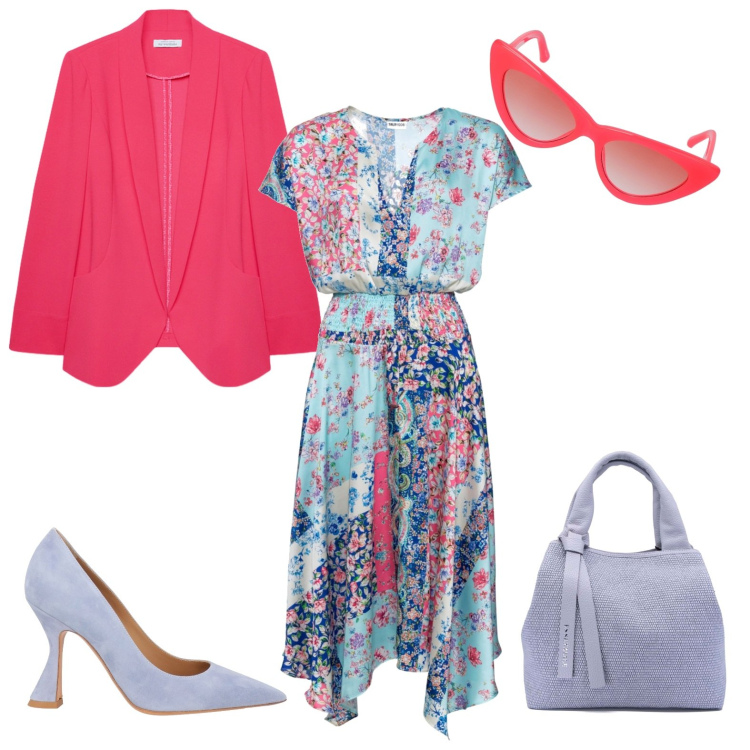 Outfit donna - Primavera avanza. Stile Bon Ton per Tutti i giorni. Abbinamento con vestiti asimmetrici, décolleté, blazer, borse a mano, occhiali da sole.