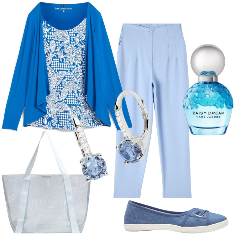 Outfit donna - Total look #1842426. Stile Casual per Tutti i giorni. Abbinamento con ballerine, maglieria, profumi, pantaloni chino, shopping bag, orecchini.