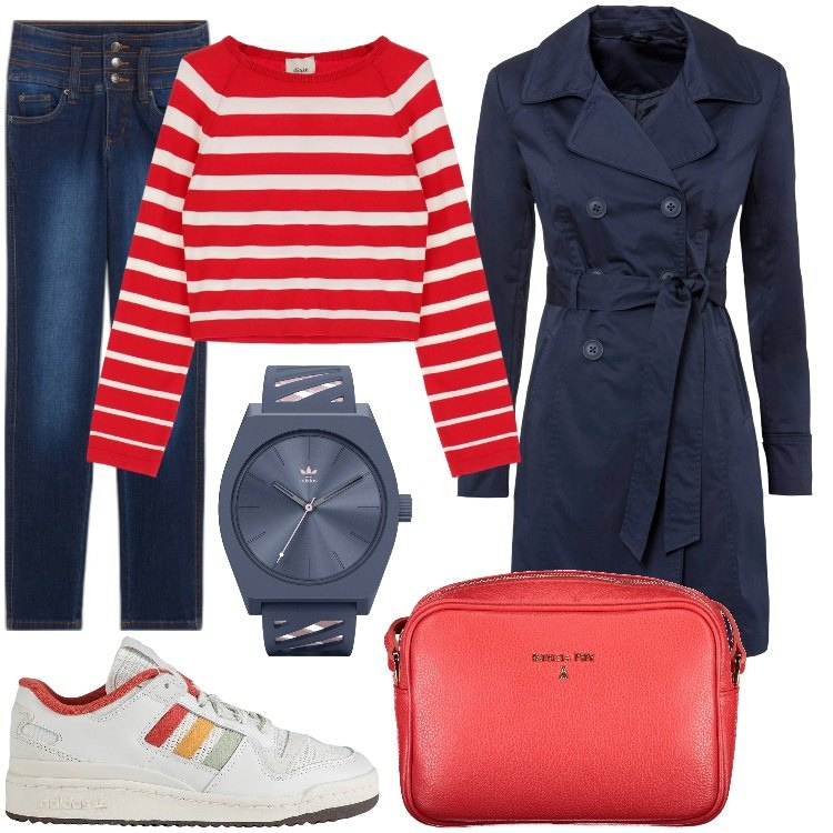 Outfit donna - Marinara con il trench. Stile Bon Ton per Tutti i giorni. Abbinamento con trench, jeans slim fit, sneakers, orologi, pullovers, borse a tracolla.