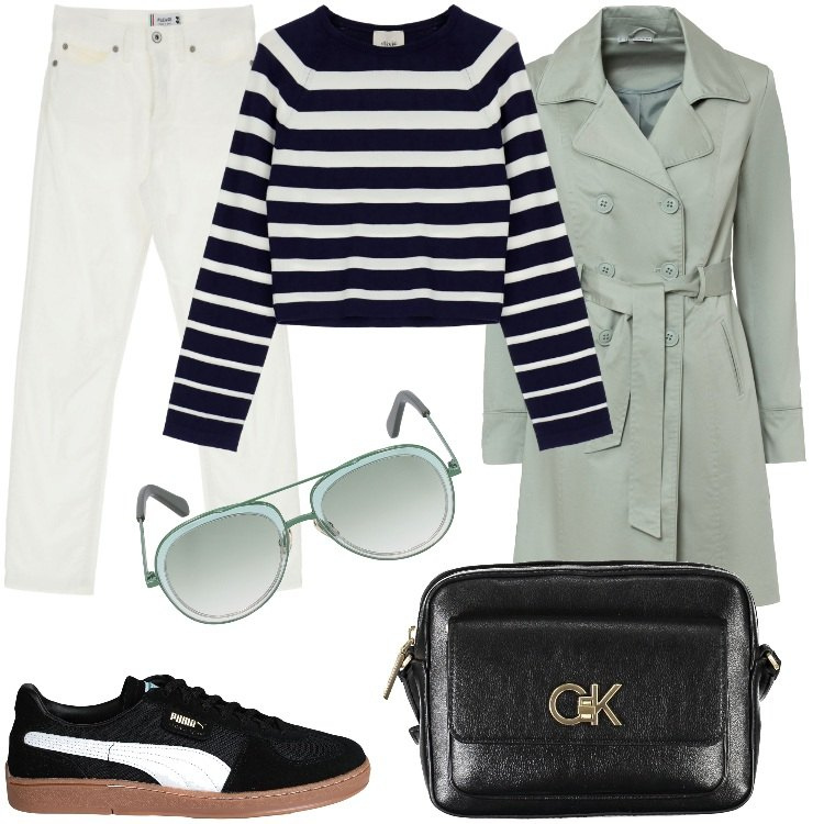 Outfit donna - verde acqua e nero. Stile Casual chic per Tutti i giorni. Abbinamento con trench, sneakers, jeans, pullovers, borse a tracolla, occhiali da sole.