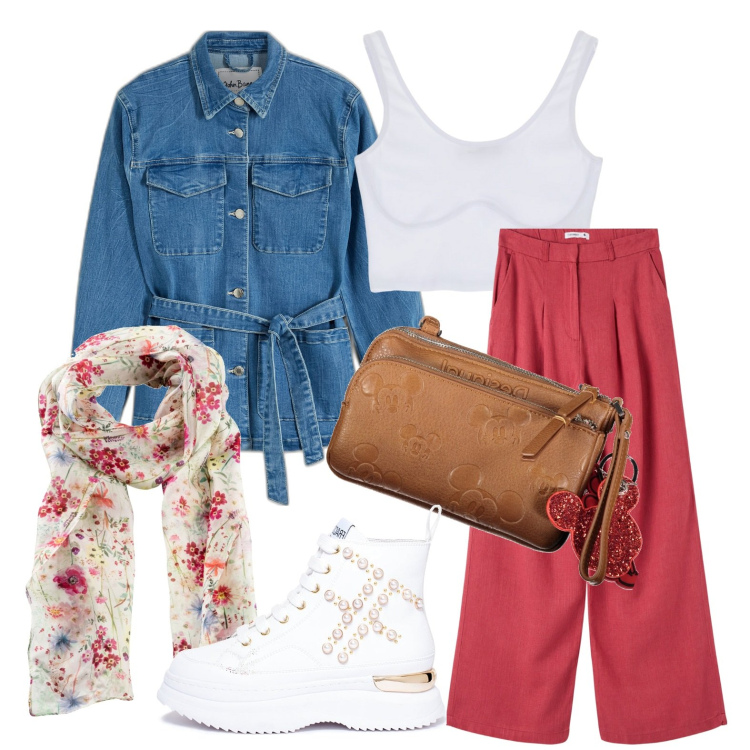 Outfit donna - Ghost outfitter - marzo. Stile Urban per Tutti i giorni. Abbinamento con foulard, blazer, pantaloni, sneakers, canottiere, collane.