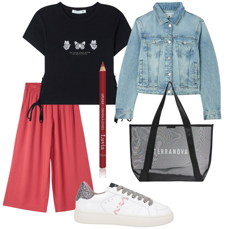 Outfit donna - Giretto. Stile Casual per Tutti i giorni. Abbinamento con sneakers, matite labbra, pantaloni a palazzo, t-shirt, blazer, shopping bag.