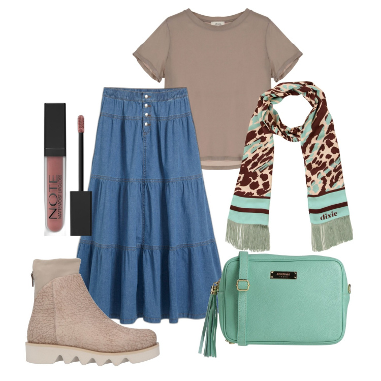 Outfit donna - Ghost outfitter - marzo. Stile Trendy per Tutti i giorni. Abbinamento con gonne, borse a tracolla, stivaletti, rossetti, sciarpe, t-shirt.