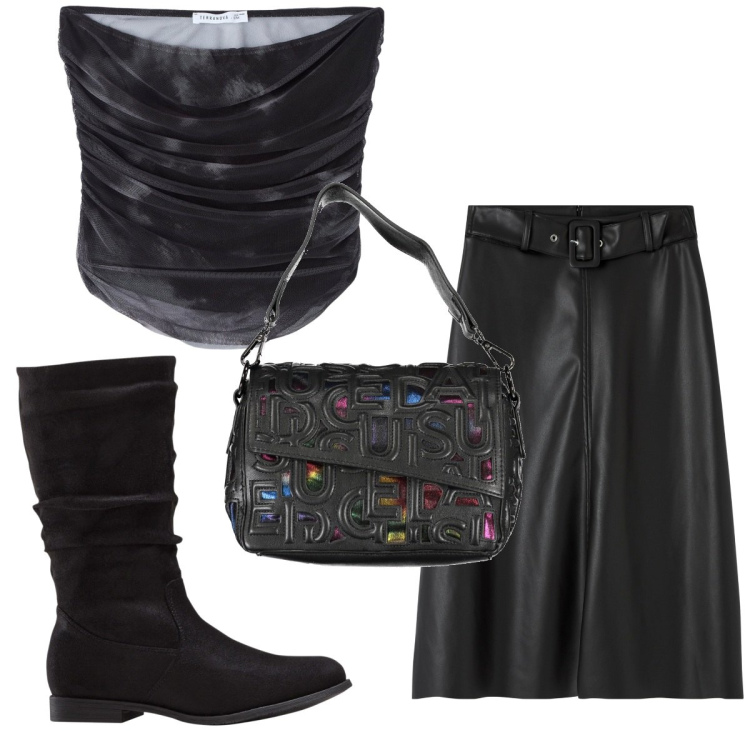 Outfit donna - Total look #1842471. Stile Trendy per Tutti i giorni. Abbinamento con stivali, gonne longuette, top, borse a spalla.