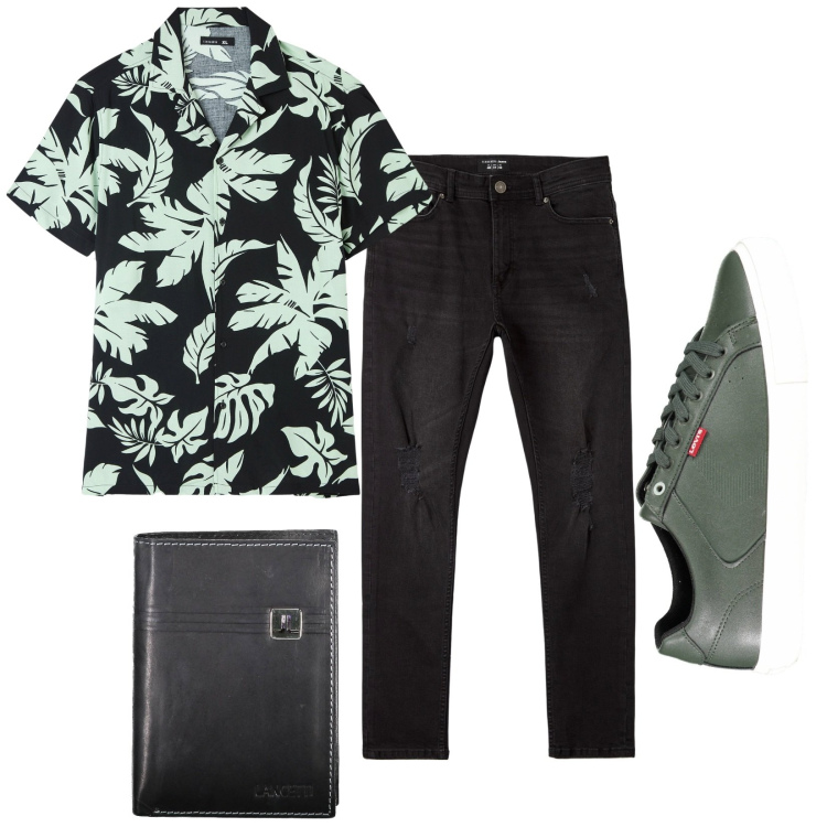 Outfit uomo - Aloha. Stile Trendy per Tutti i giorni. Abbinamento con camicie a manica corta, jeans strappati, scarpe sportive, portafogli.