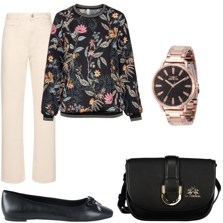 Outfit donna - la blusa a fiori. Stile Casual chic per Tutti i giorni. Abbinamento con bluse, ballerine, orologi, borse a tracolla, jeans dritti.