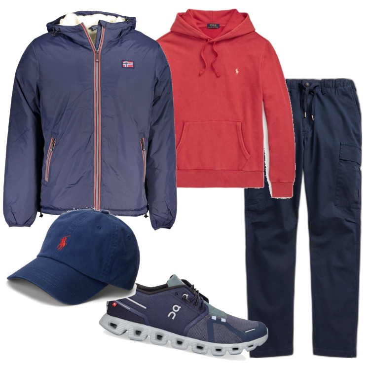 Outfit uomo - Total look #1842513. Stile Casual per Sport. Abbinamento con cappelli, felpe con cappuccio, pantaloni cargo, sneakers, giacche.