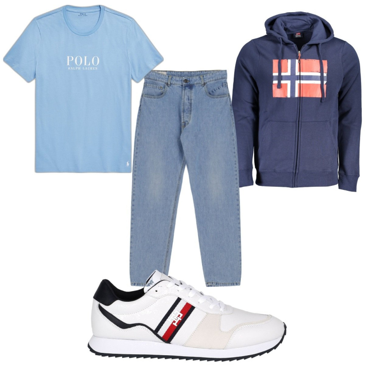 Outfit uomo - Total look #1842515. Stile Trendy per Tutti i giorni. Abbinamento con sneakers, jeans slim fit, t-shirt, felpe con cappuccio.