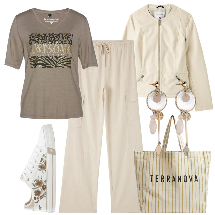 Outfit donna - Toni neutri. Stile Casual per Tutti i giorni. Abbinamento con orecchini, t-shirt, sneakers, pantaloni cargo, blazer, borse tote.