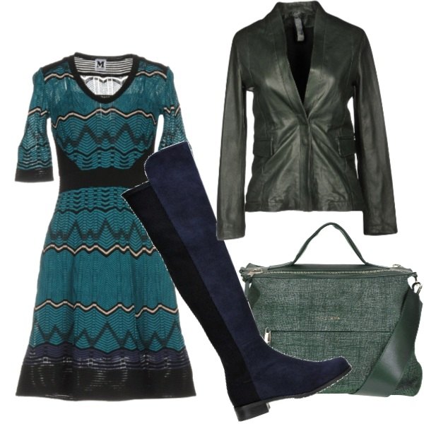 Outfit donna - Total look #184252. per Tutti i giorni. Abbinamento con vestito corto a trapezio fantasia multicolore lavorato a maglia collo tondo a maniche corte interno foderato, giacca, stivali effetto scamosciato con punta tonda in tessuto tecnico elasticizzato, borsa a tracolla con manico tweed con zip made italy con scomparti.