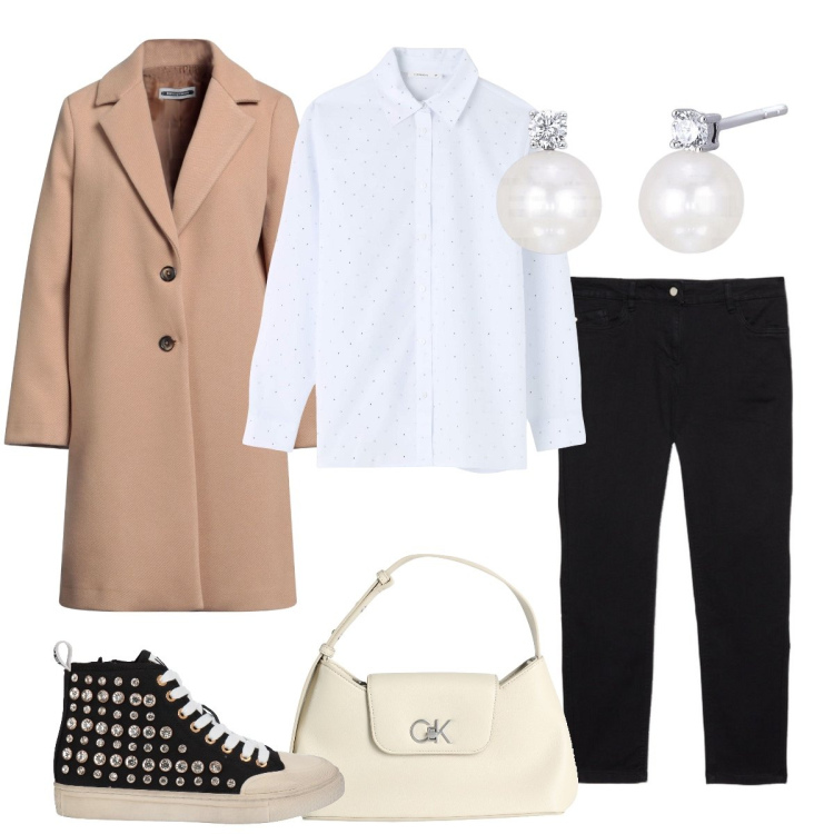 Outfit donna - Total look #1842541. Stile Sporty chic per Ufficio. Abbinamento con cappotti, sneakers alte, borse a mano, orecchini, camicie, pantaloni skinny.