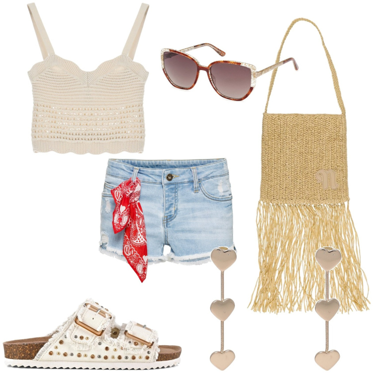 Outfit donna - Shorts e top per il momento libero. Stile Casual per Tutti i giorni. Abbinamento con shorts, orecchini, top, sandali, borse a spalla, occhiali da sole.