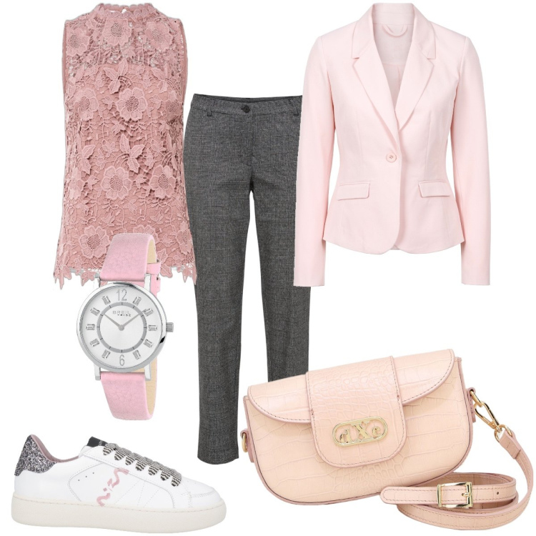 Outfit donna - Total look #1842553. Stile Sporty chic per Ufficio. Abbinamento con blazer, pantaloni, top, sneakers, orologi, pochette.