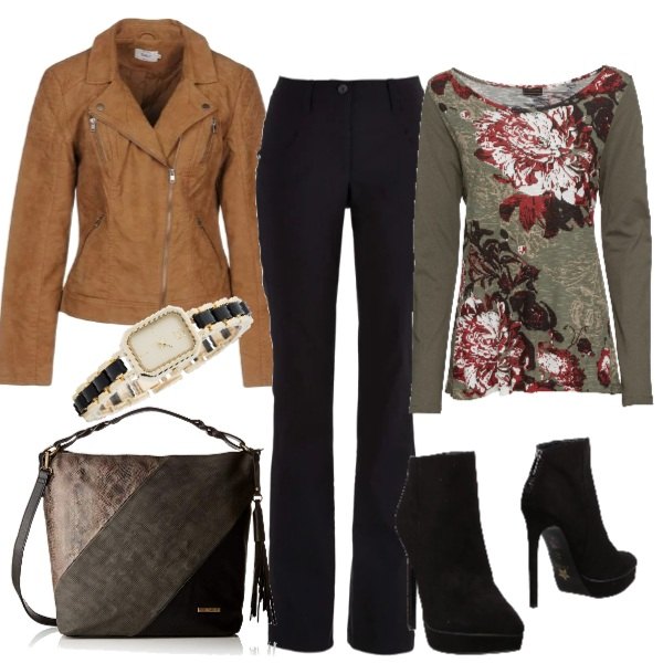 Outfit donna - Low cost e attuale. Stile Basic per Tutti i giorni. Abbinamento con pantaloni, maglia con stampa e scollo a maniche lunghe verde, orologio nero, giubbotto a maniche lunghe con zip interno foderato in pelle sintetica tinta unita, stivaletti effetto scamosciato con tacco spillo e zip a punta tinta unita, borsa a spalla nero.
